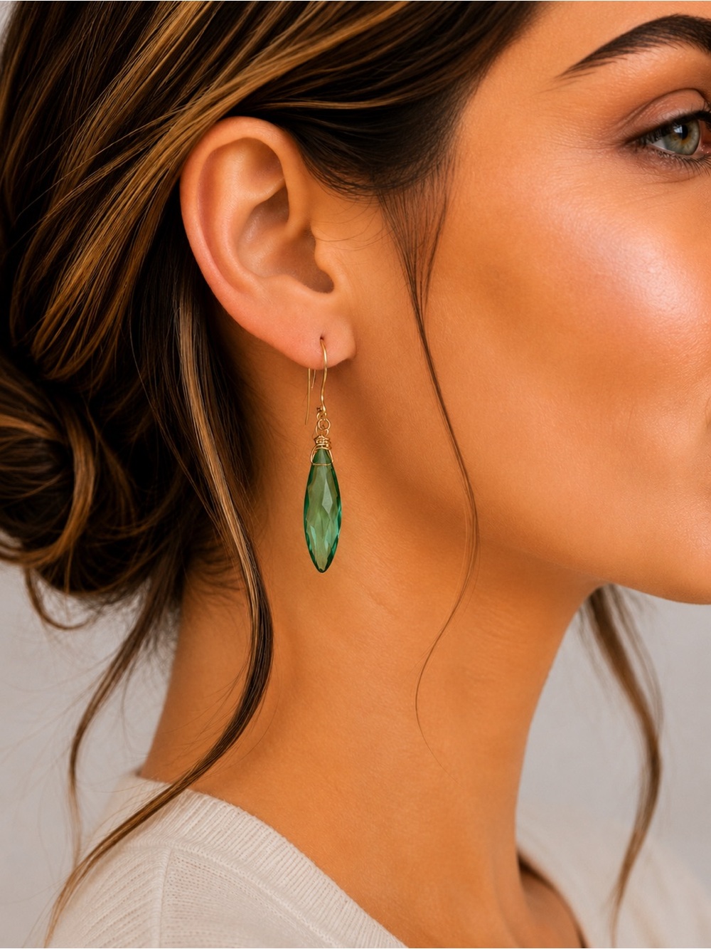 Green Quartz Marquis Faceted Drop Earrings | Gold Nickel-Free Hooks